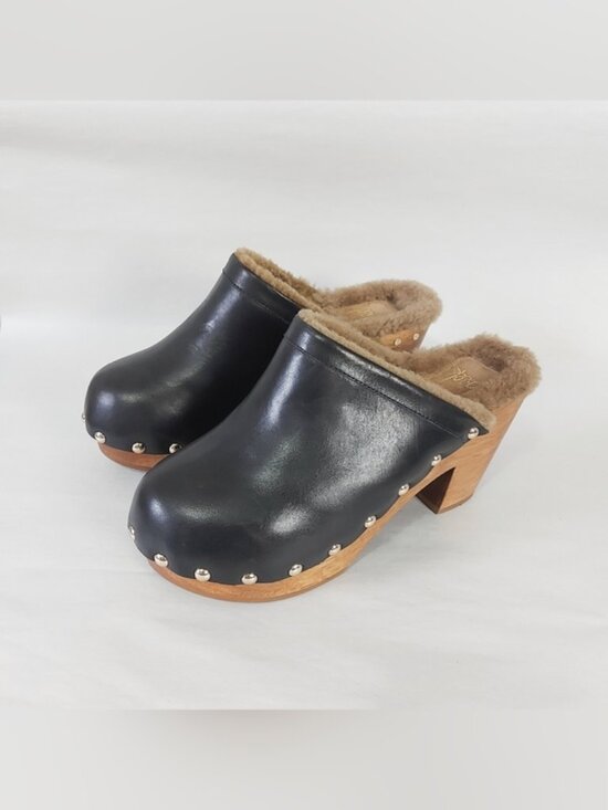 beek Shoes - Beek Studs Chunky Cozy High Heel Woodpecker Shearling Clogs Size 7 Black Leather